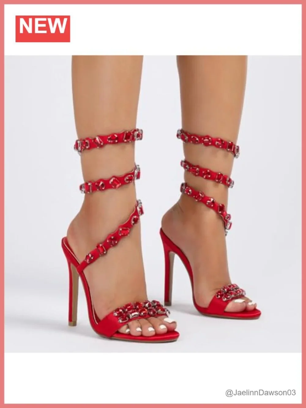 Women's Rhinestone Studded Heeled Sandals Ankle Wrap Stilettos Satin